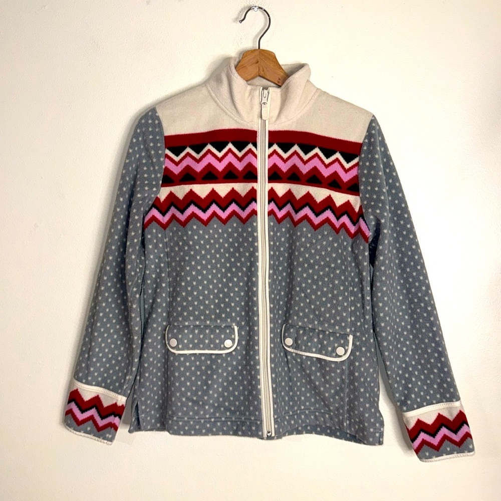 Talbots Womens Fleece Zip Up Jacket Fair Isle Polka Dot Grey Pink Petite Size M